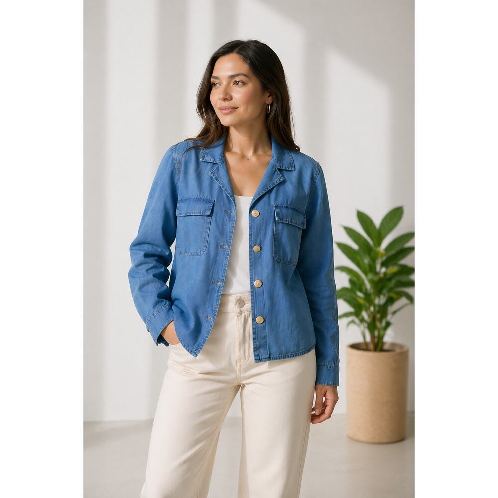 Kensie NWT Blue Tencel Chambray Utility Button Front Shirt Large